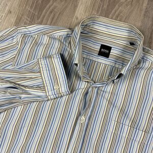 Boss Hugo Boss Button Up‎ Men's Size XL White Blue Brown Stripe Shirt